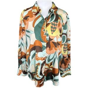Haver London Satin Button Down Shirt XL Silky Blouse Abstract Print Green Orange